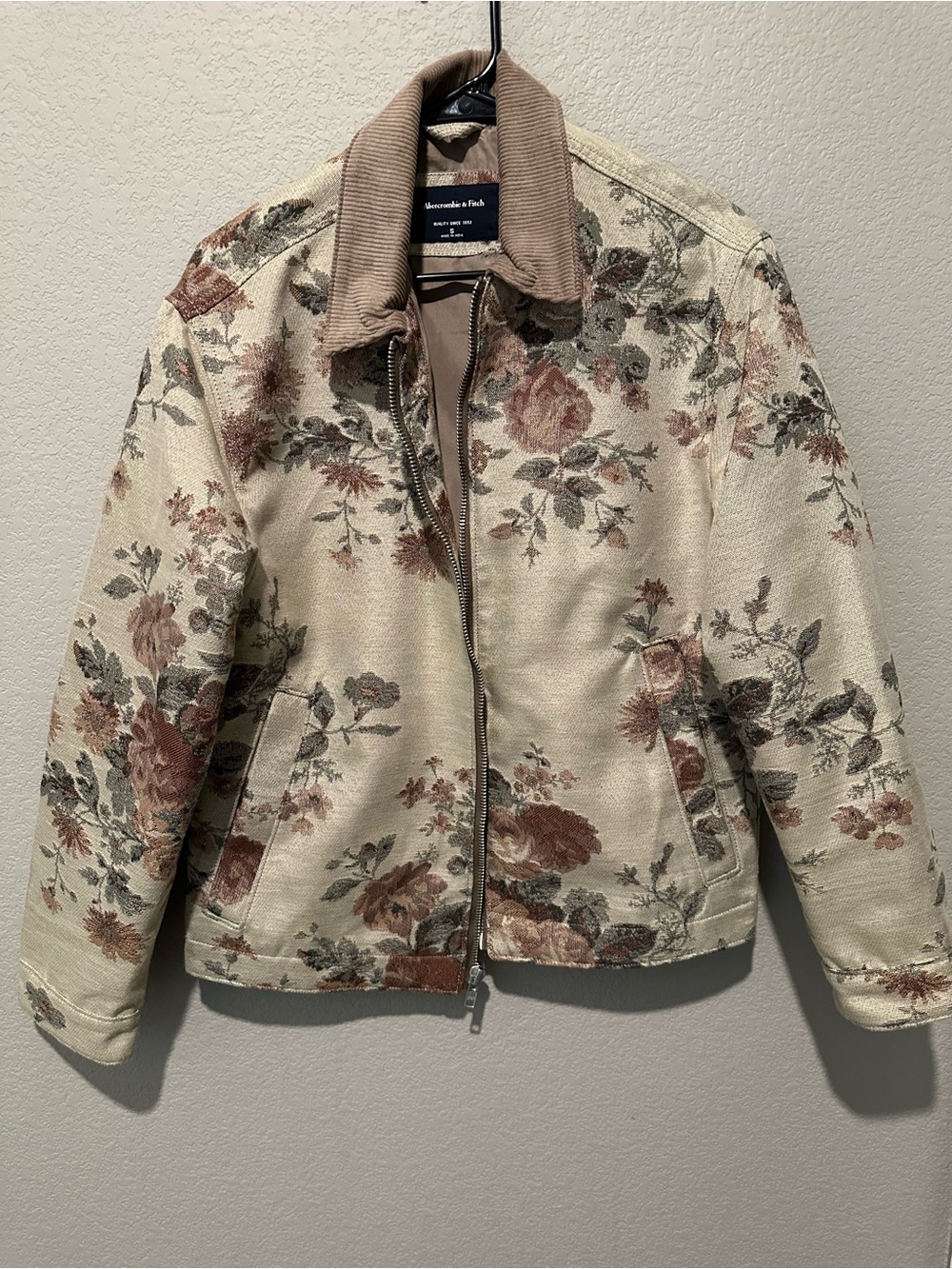 Abercrombie & Fitch Cream Floral Zip Jacquard Bomber Jacket with Brown Accents
